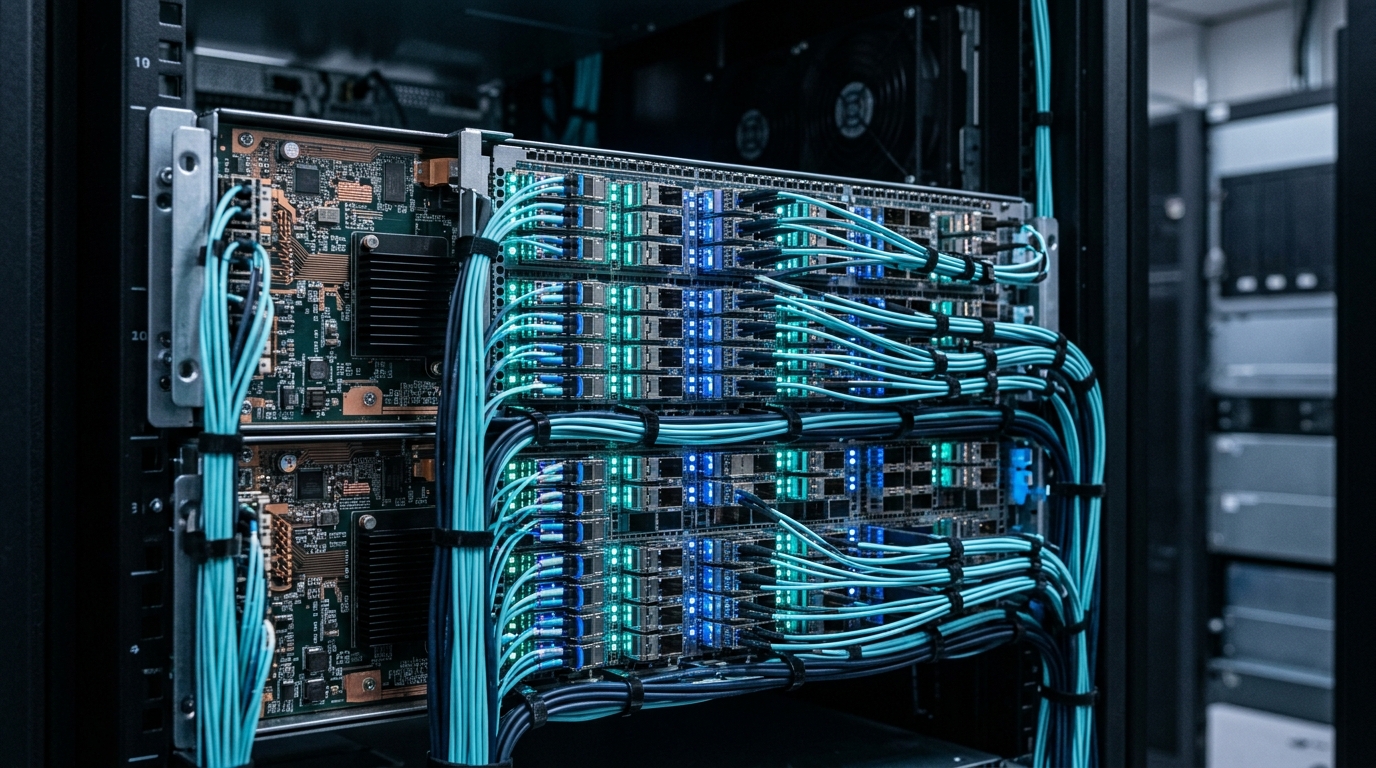 High-speed RoCEv2 Ethernet switches and InfiniBand quantum interconnects in an enterprise AI data center